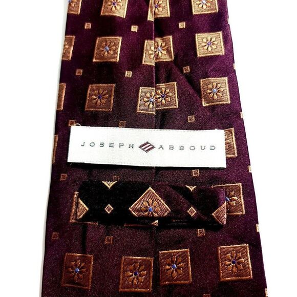 Joseph Abboud Woven Maroon Red Tan Floral Geometric Wide Silk‎ Tie - Picture 3 of 6
